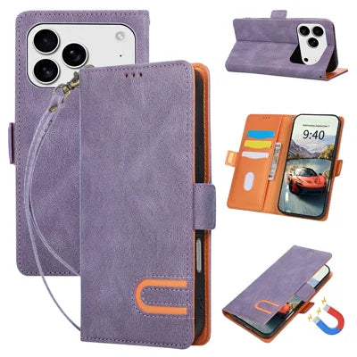 For iPhone 17 Pro Max  /  18 Pro Max Case U-Shape Decoration Magnetic Side Clasp Wallet Leather Phone Cover with Wrist Strap - Purple