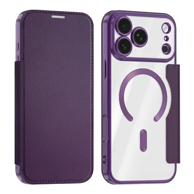 For iPhone 18 Pro Max Magnetic Case RFID Blocking Card Holder Leather Phone Cover with Lens Film - Dark Purple
