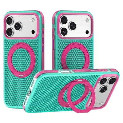 For iPhone 18 Pro Max / 17 Pro Max Color Block Magnetic Phone Case with Rotating Kickstand PC+TPU+TPE Cooling Honeycomb Phone Cover - Green