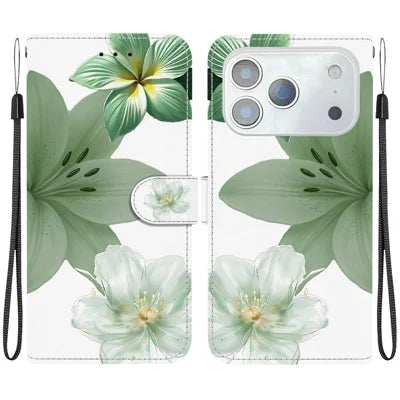 For iPhone 18 Pro Max / 17 Pro Max Case Pattern Printing PU Leather Wallet Flip Stand Phone Cover with Wrist Strap - Cyan Lily