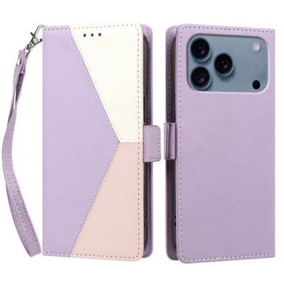  For iPhone 18 Pro Max / iPhone 17 Pro Max Case Color Stitching RFID Blocking Wallet Flip Leather Phone Cover with Wrist Strap - Light Purple