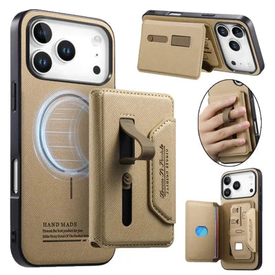 For iPhone 18 Pro Max  /  17 Pro Max Magnetic Case PU Leather + PC + TPU Anti-Scratch Back Cover with Detachable Card Holder - Khaki