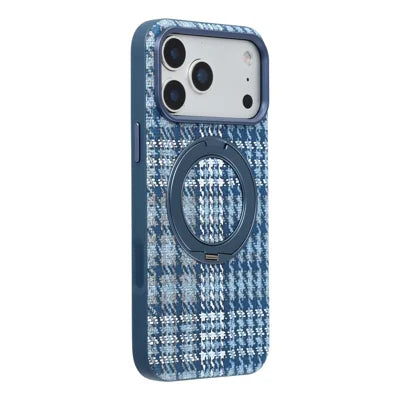 For iPhone 18 Pro Max / 17 Pro Max Case with Rotating Magnetic Kickstand Houndstooth Fabric + PC + TPU Phone Cover - Blue