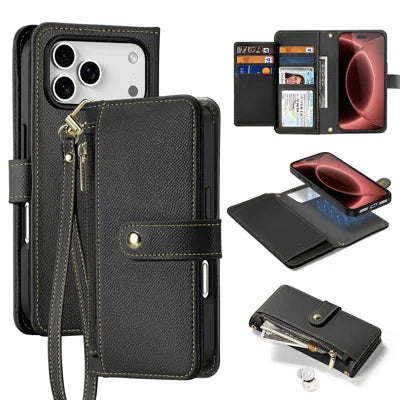 DUX DUCIS Lawa Series for iPhone 18 Pro Max / 17 Pro Max Cowhide Leather Case 2 in 1 Magnetic Detachable Zipper Wallet - Black
