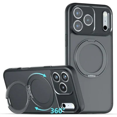 For iPhone 18 Pro Max / 17 Pro Max Matte Skin-touch Magnetic Case 360° Rotating Kickstand Shockproof TPU + PC Phone Cover - Transparent Black