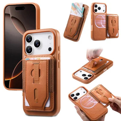 CASENEO for iPhone 18 Pro Max / 17 Pro Max Magnetic Case with Detachable Card Holder TPU PU Leather Silicone Wristband PC Phone Cover - Brown