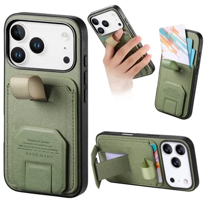 For iPhone 18 Pro Max / 17 Pro Max Case Cloth Texture TPU PU Leather PC Phone Back Cover with Card Holder Kickstand - Green