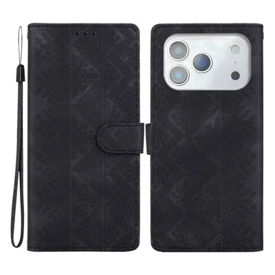 For iPhone 18 Pro Max  /  17 Pro Max Wallet Case Imprinted Ethnic Pattern Leather Phone Cover with Wrist Strap - Black