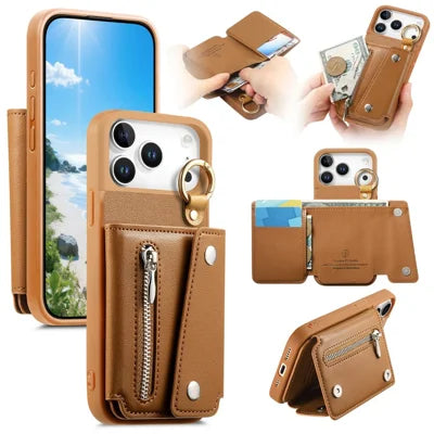 For iPhone 18 Pro Max / 17 Pro Max Case D-Ring Holder Leather + PC + TPU Phone Cover with Wallet Kickstand - Brown