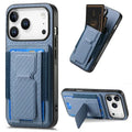 For iPhone 18 Pro Max / 17 Pro Max Case with Card Holder Kickstand Fiber Pattern Leather Back Cover - Blue
