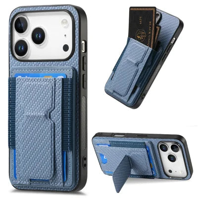 For iPhone 18 Pro Max / 17 Pro Max Case with Card Holder Kickstand Fiber Pattern Leather Back Cover - Blue