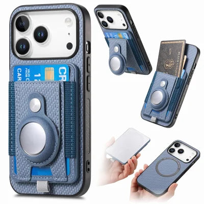 For iPhone 18 Pro Max / 17 Pro Max Case with AirTag Holder Detachable Card Slot Leather + TPU + PC Phone Cover - Blue