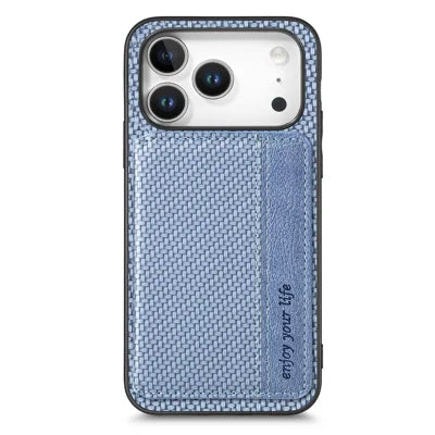 For iPhone 18 Pro Max / 17 Pro Max Case RFID Blocking Carbon Fiber Leather Phone Back Cover with Card Holder - Blue