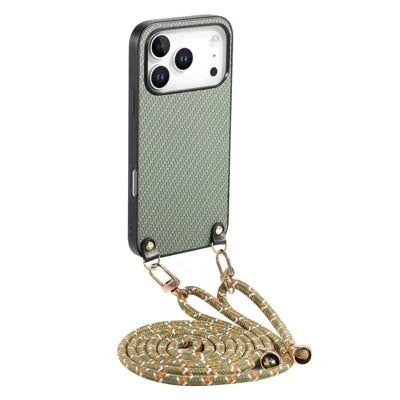 For iPhone 18 Pro Max / 17 Pro Max Case Carbon Fiber Texture Hybrid Phone Back Cover with Adjustable Strap - Green
