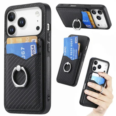 For iPhone 18 Pro Max / 17 Pro Max Case PU Leather Coated PC+TPU Phone Cover with Ring Holder Card Slots - Black
