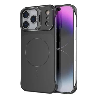For iPhone 18 Pro Max / 17 Pro Max Magnetic Case Lens Frame Kickstand Matte PC Frameless Phone Cover - Black