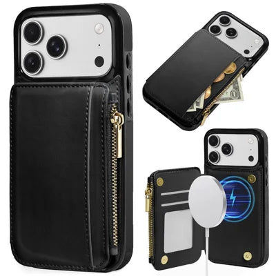 DELIDIGI WE24 for iPhone 18 Pro Max / 17 Pro Max Magnetic Case with Card Slots Zipper Pocket Leather Phone Back Cover - Black