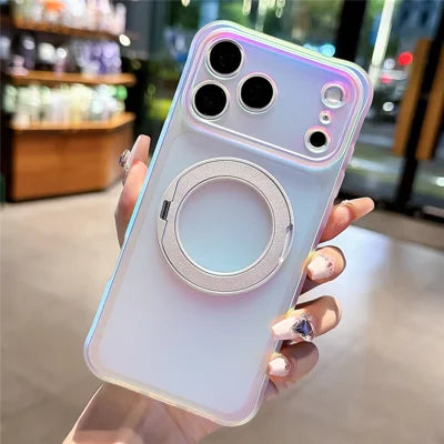 For iPhone 18 Pro Max / 17 Pro Max Case Rotating Magnetic Kickstand Iridescent PC + TPU IMD Phone Cover - White