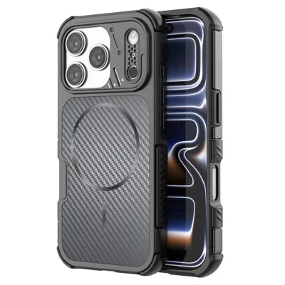 For iPhone 18 Pro Max  /  17 Pro Max Magnetic Case Carbon Fiber Texture PC + TPU Corner Protection Phone Cover - Black