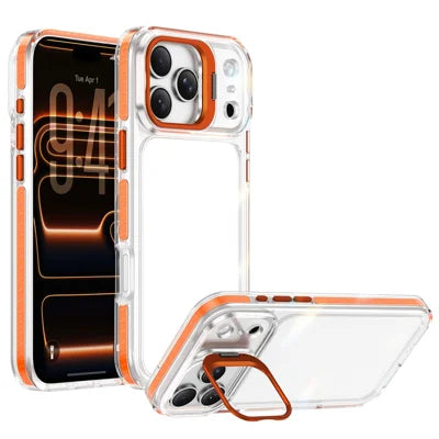 For iPhone 18 Pro Max  /  17 Pro Max Case Metal Camera Kickstand Shockproof Clear PC + TPU Phone Cover - Transparent Orange