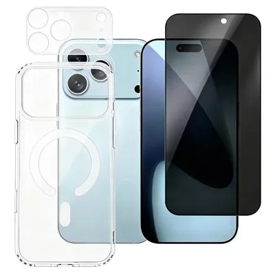 For iPhone 18 Pro Max Magnetic Case TPU + PC Phone Cover with 180° Anti-Spy Screen Film + Clear Lens Film - Black