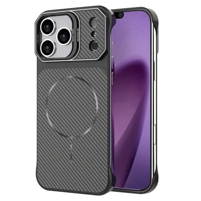 For iPhone 18 Pro Max / 17 Pro Max Magnetic Case with Lens Frame Kickstand Carbon Fiber Texture Hard PC Half-Wrapped Phone Cover - Black