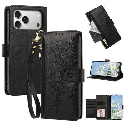 For iPhone 18 Pro Max / 17 Pro Max Case PU Leather Butterfly Floral Zippered Wallet Phone Cover with Wrist Strap / Shoulder Strap - Black