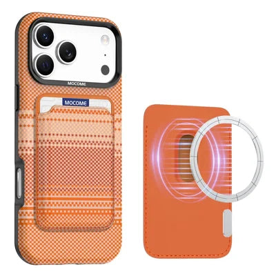 For iPhone 18 Pro Max Case Compatible with MagSafe Rainbow Woven PU+TPU+PC Phone Cover with RFID Blocking Detachable Card Holder - Orange