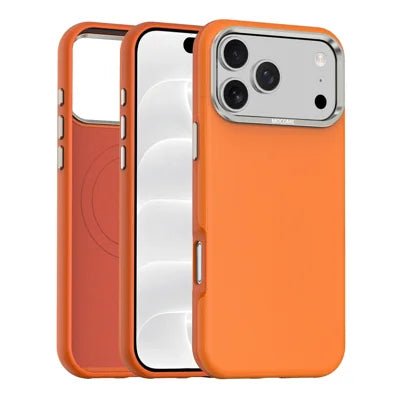 For iPhone 18 Pro Max Case Compatible with MagSafe Fine Grid Texture Leather Coated TPU PC Phone Cover with Metal Lens Frame - Orange