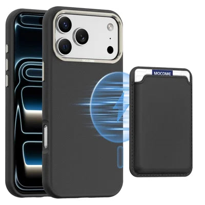 For iPhone 18 Pro Max Case Compatible with MagSafe Fine Grid Texture Leather Back Phone Cover with Detachable Card Holder - Black