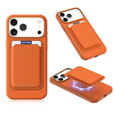 For iPhone 18 Pro Max Magnetic Case Tech Fabric Coated TPU + PC Phone Cover with RFID Blocking Card Holder - Orange