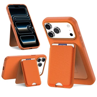 For iPhone 18 Pro Max Magnetic Case Tech Fabric + TPU Card Holder Kickstand Phone Cover - Orange
