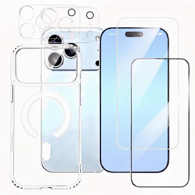 For iPhone 18 Pro Max Magnetic Case PC + TPU Clear Phone Cover + 2Pcs Camera Protector + 1Pc HD Clear Screen Film + 1Pc Silk Print Screen Film - Transparent