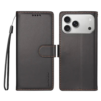 BETOPNICE for iPhone 18 Pro Max / iPhone 17 Pro Max 006 Case RFID Blocking Wallet Stand Leather Phone Cover with Wrist Strap - Black