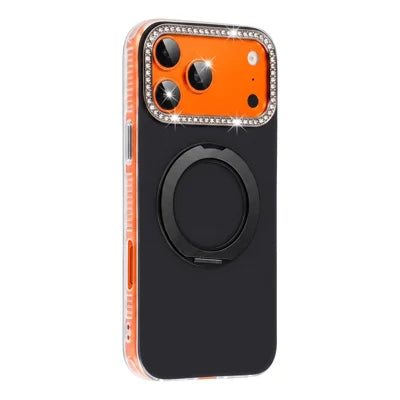 For iPhone 18 Pro Max  /  17 Pro Max Case Compatible with MagSafe Rhinestone Camera Frame IMD PC+TPU Phone Cover with Rotating Kickstand - Black