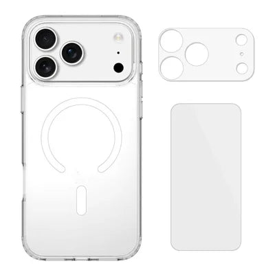 For iPhone 18 Pro Max Magnetic Case TPU + Acrylic Clear Phone Cover with 2Pcs Camera Protector + 2Pcs Tempered Glass Screen Protector - Transparent