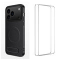  WANLONFENG for iPhone 18 Pro Max QT1 Series Magnetic Case with 2Pcs Tempered Glass Films Kickstand Carbon Fiber Texture PC TPU Phone Cover - Black