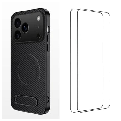  WANLONFENG for iPhone 18 Pro Max QT1 Series Magnetic Case with 2Pcs Tempered Glass Films Kickstand Carbon Fiber Texture PC TPU Phone Cover - Black