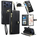 For iPhone 18 Pro Max  /  17 Pro Max Leather Case Hearts Imprint Zipper Pocket Wallet Phone Cover with Short and Long Straps - Black