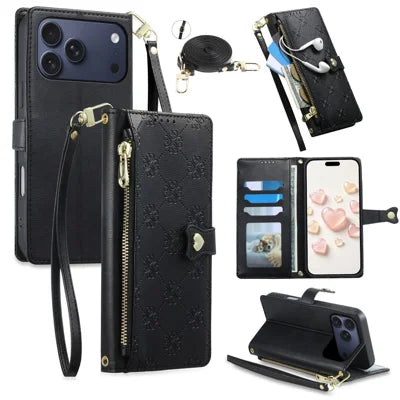 For iPhone 18 Pro Max  /  17 Pro Max Leather Case Hearts Imprint Zipper Pocket Wallet Phone Cover with Short and Long Straps - Black