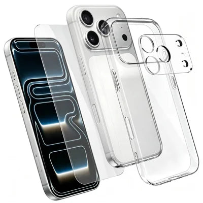 For iPhone 18 Pro Max Case 3 in 1 TPU Clear Phone Cover with High Aluminium-silicon Glass Screen Protector + Lens Protector - Transparent