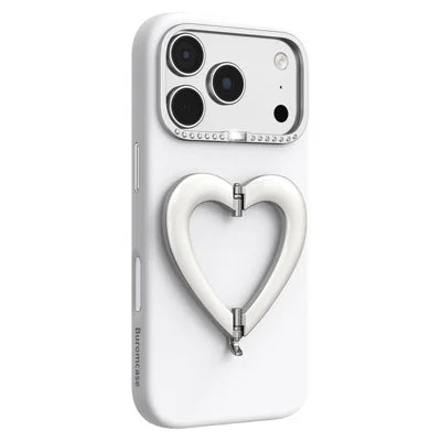 For iPhone 18 Pro Max Case Heart-Shaped Kickstand Liquid Silicone Coated PC Phone Cover - White