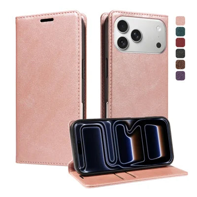  For iPhone 18 Pro Max / iPhone 17 Pro Max Wallet Case RFID Blocking Card Slots Stand Magnetic Closure Leather Phone Cover - Rose Gold