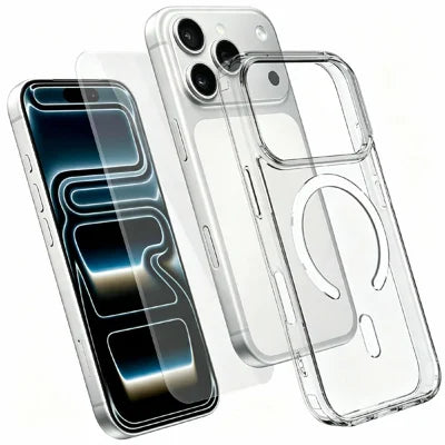 For iPhone 18 Pro Max / 17 Pro Max Magnetic Case TPU+PC Transparent Phone Cover with High Aluminium-silicon Glass Screen Protector - Transparent