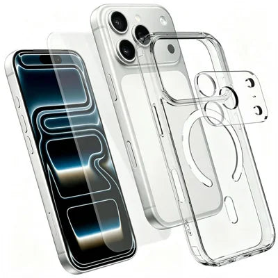For iPhone 18 Pro Max Magnetic Case TPU + PC Clear Phone Cover with High Aluminium-silicon Glass Screen Protector + Tempered Glass Lens Protector - Transparent