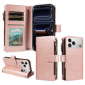  For iPhone 18 Pro Max / iPhone 17 Pro Max Leather Case 9 Card Slots Zipper Pocket Phone Cover with Wrist Strap - Rose Gold
