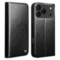 QIALINO for iPhone 18 Pro Max / 17 Pro Max Wallet Case Genuine Cow Leather Phone Cover Card Holder Stand - Black