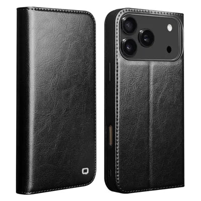 QIALINO for iPhone 18 Pro Max / 17 Pro Max Wallet Case Genuine Cow Leather Phone Cover Card Holder Stand - Black