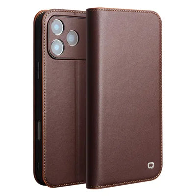 QIALINO for iPhone 18 Pro Max / 17 Pro Max Wallet Case Stand Genuine Cow Leather Flip Phone Cover - Brown