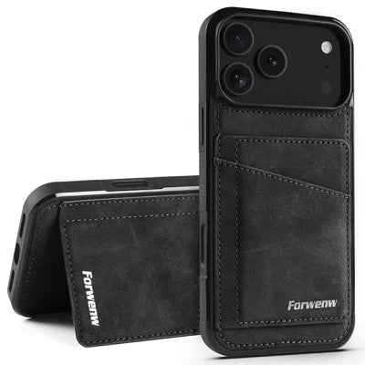 FORWENW F8 Series for iPhone 18 Pro Max / 17 Pro Max Case Card Slot Kickstand Leather Coated TPU Phone Cover - Black